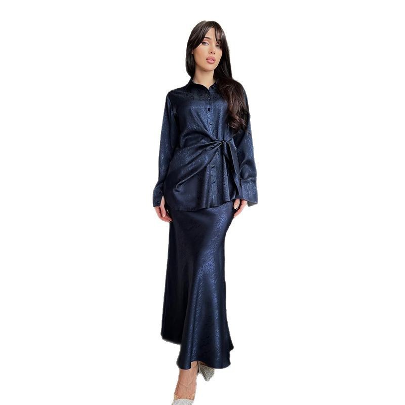 Women's Lapel Irregular Button Long Sleeve Top Long Skirt Suit