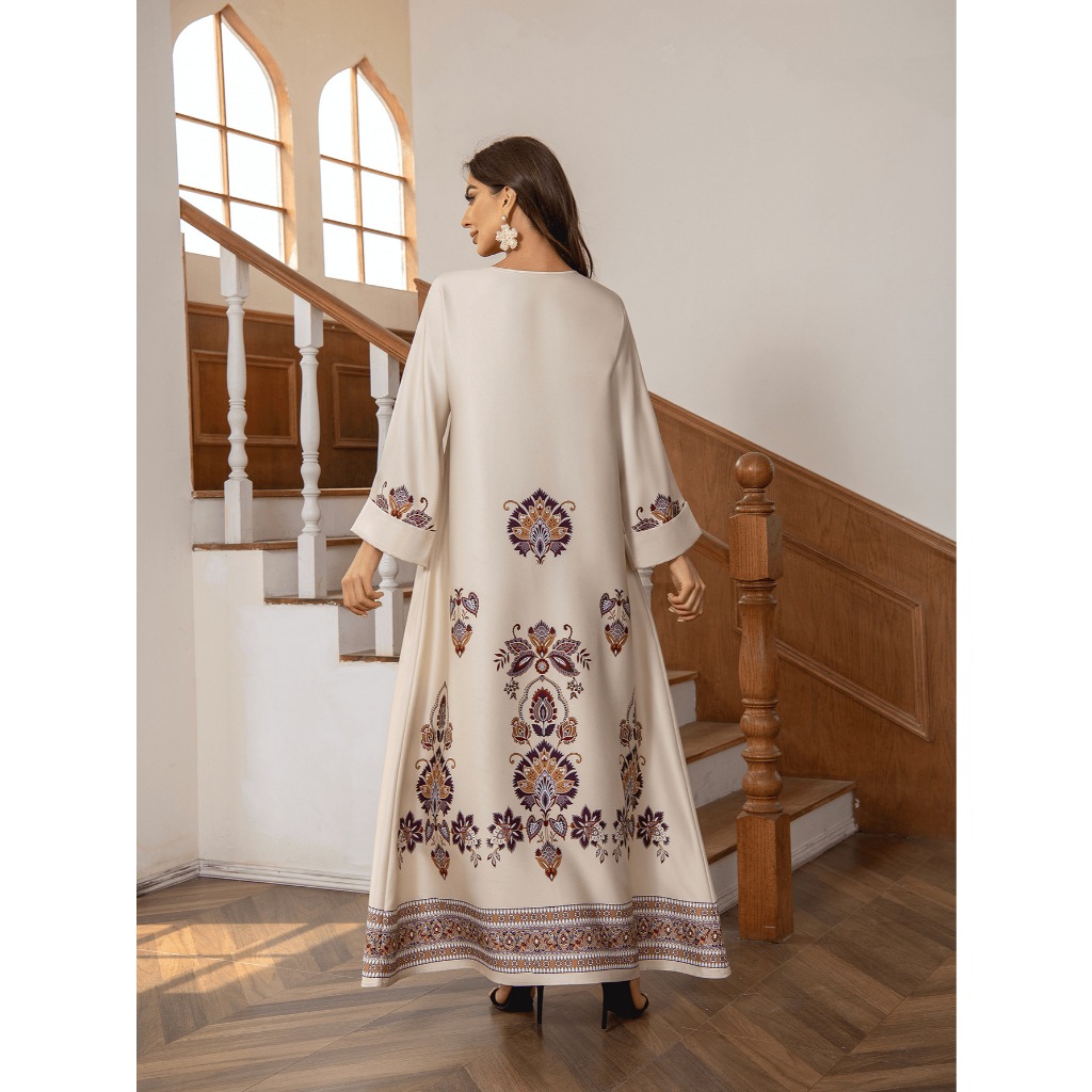 New Robe Muslim Dress Women's Round Neck Long Sleeve Retro Printed Hot Diamond Nail Bead Loose A-line Robe Spring Summer