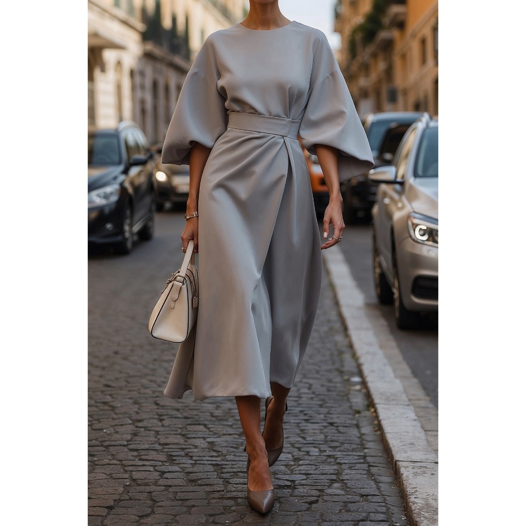 Spring Fashion Solid Color Long Dresses Woman Sexy Round Neck Bat Sleeve High Waist Dress Elegant Commuting Lady Dr