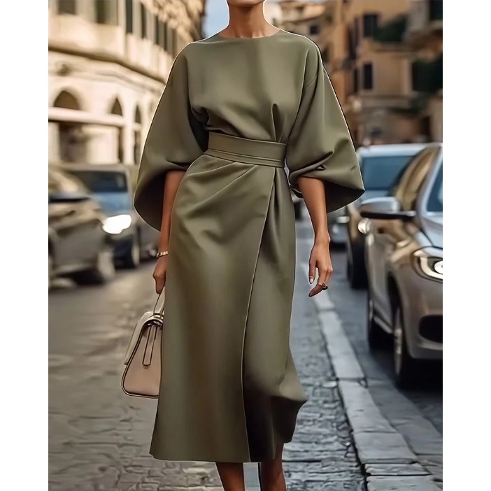 Spring Fashion Solid Color Long Dresses Woman Sexy Round Neck Bat Sleeve High Waist Dress Elegant Commuting Lady Dr
