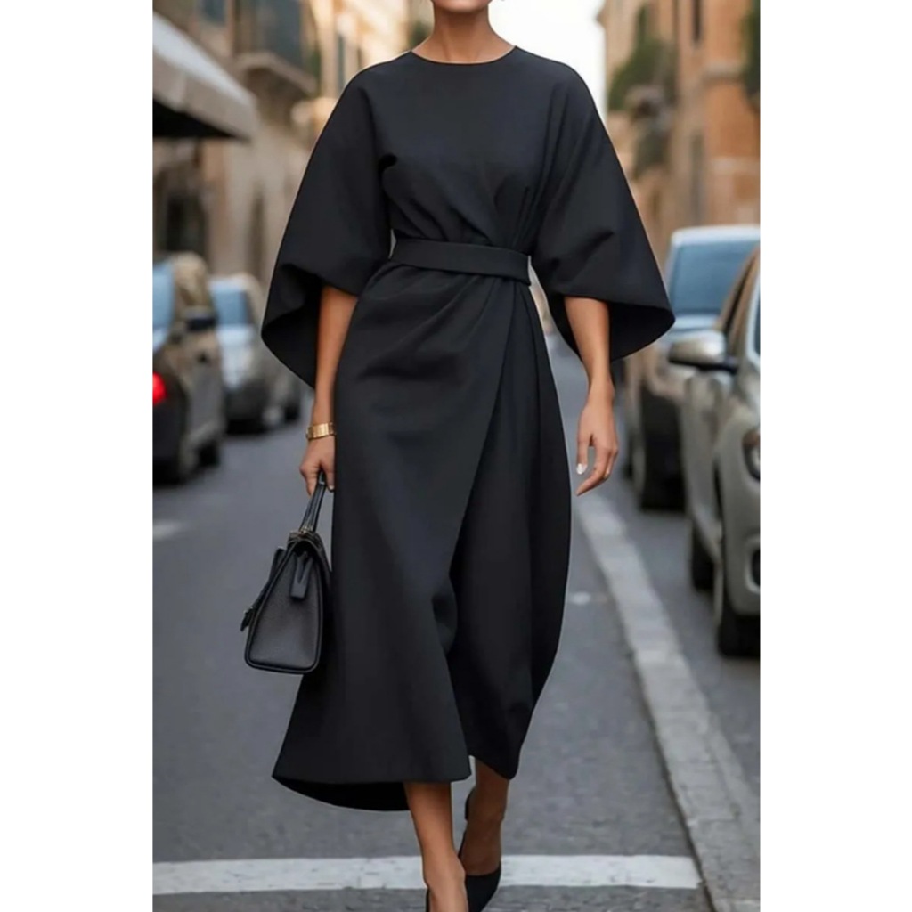 Spring Fashion Solid Color Long Dresses Woman Sexy Round Neck Bat Sleeve High Waist Dress Elegant Commuting Lady Dr