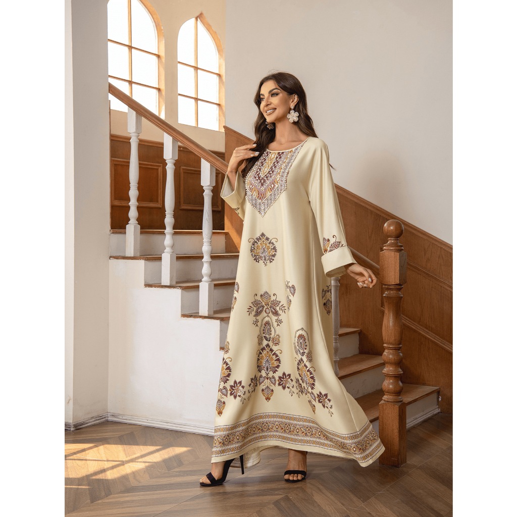 New Robe Muslim Dress Women's Round Neck Long Sleeve Retro Printed Hot Diamond Nail Bead Loose A-line Robe Spring Summer