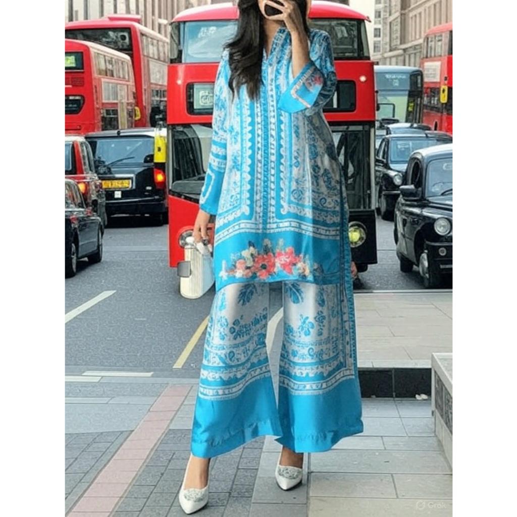 Fashion V-neck Long Sleeve Long Top + Wide-leg Pants 2-piece Set Women's Spring Elegant Floral Print Slit Top Casual Sui