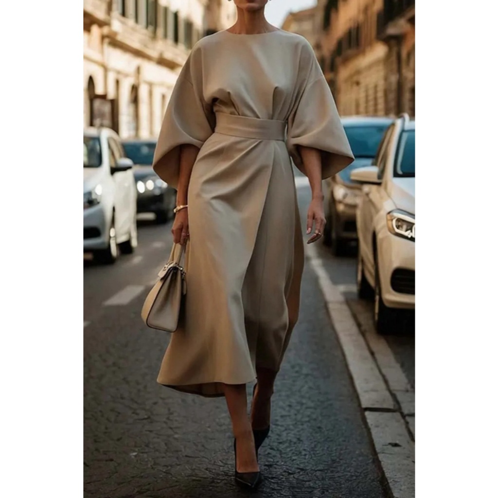 Spring Fashion Solid Color Long Dresses Woman Sexy Round Neck Bat Sleeve High Waist Dress Elegant Commuting Lady Dr
