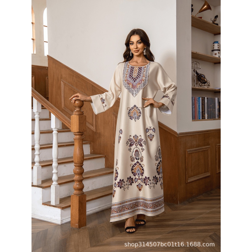 New Robe Muslim Dress Women's Round Neck Long Sleeve Retro Printed Hot Diamond Nail Bead Loose A-line Robe Spring Summer