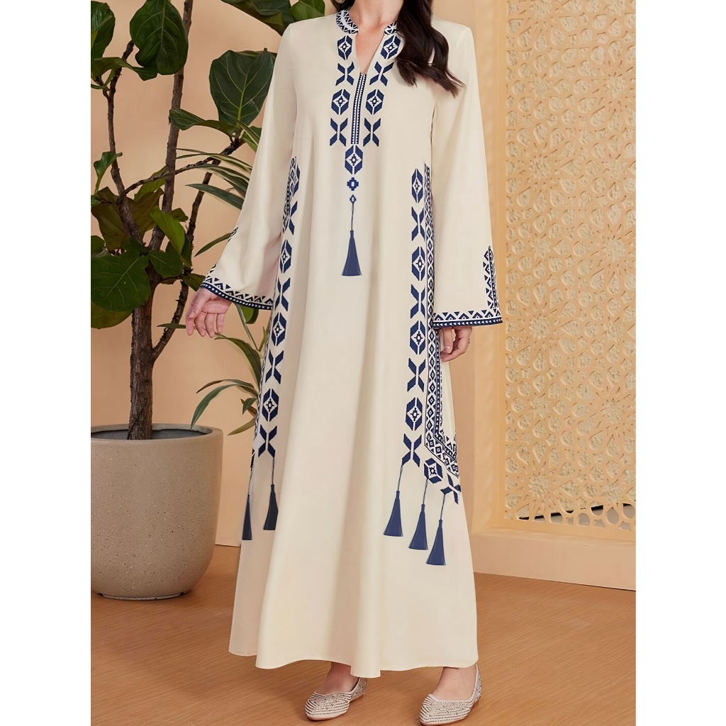 Middle East Muslim women's printed V-neck robe Arab ethnic style printed dress