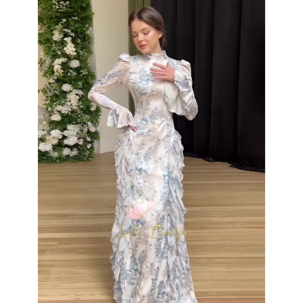 New in Spring Gentle Style Slim Fit Lace Up Printed Satin Dress Long Sleeved Long Dress for Women Elegent Woman Clothing