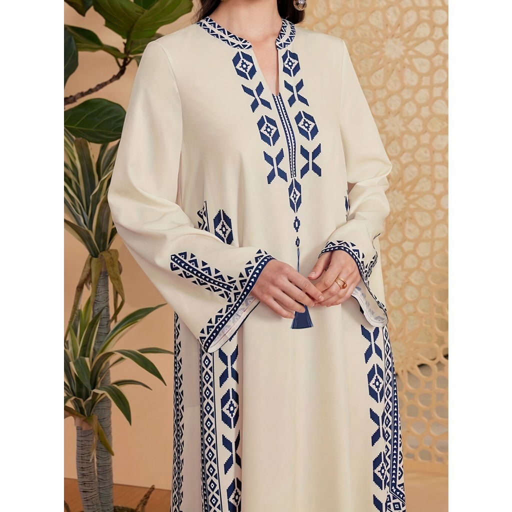 Middle East Muslim women's printed V-neck robe Arab ethnic style printed dress