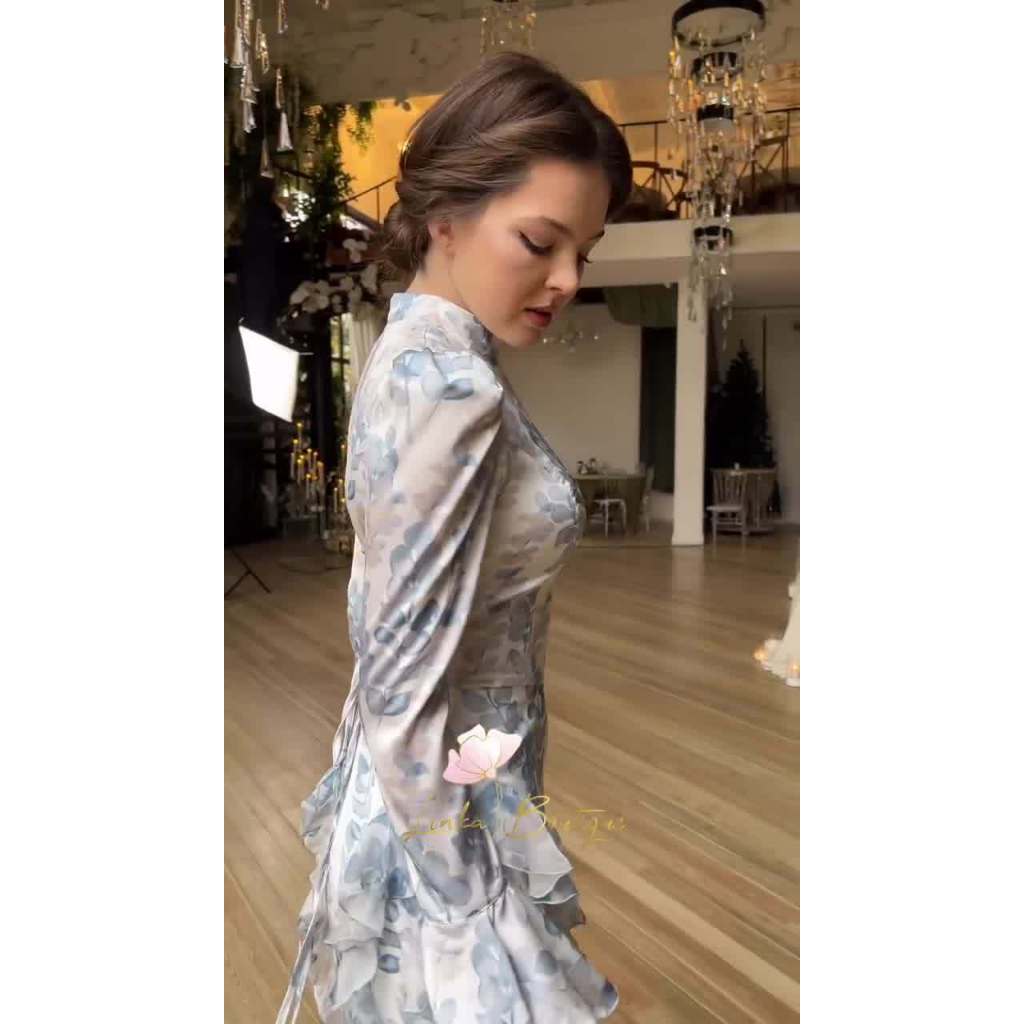 New in Spring Gentle Style Slim Fit Lace Up Printed Satin Dress Long Sleeved Long Dress for Women Elegent Woman Clothing