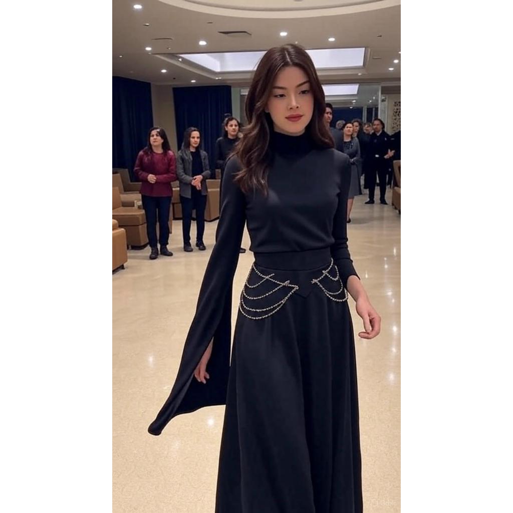 Royal Elegance Luxurious Satin High Collar Lantern Sleeve Dress for Timeless Vintage Glamour