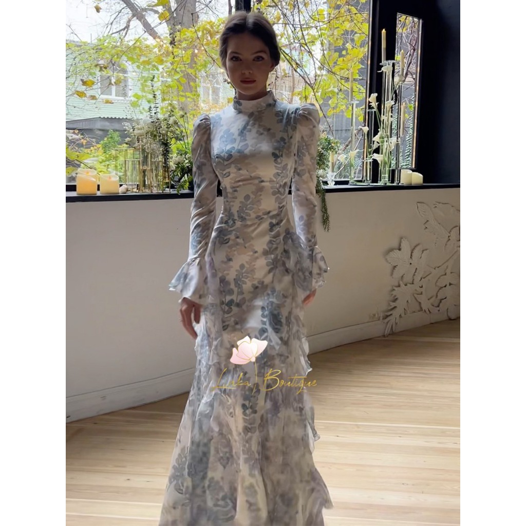New in Spring Gentle Style Slim Fit Lace Up Printed Satin Dress Long Sleeved Long Dress for Women Elegent Woman Clothing