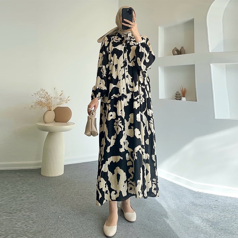 Women Casual Loose Fit Long Sleeve Round Neck Flowy A-line Printed Dress For Summer Everyday Wear Elegant