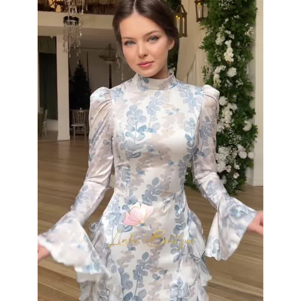 New in Spring Gentle Style Slim Fit Lace Up Printed Satin Dress Long Sleeved Long Dress for Women Elegent Woman Clothing