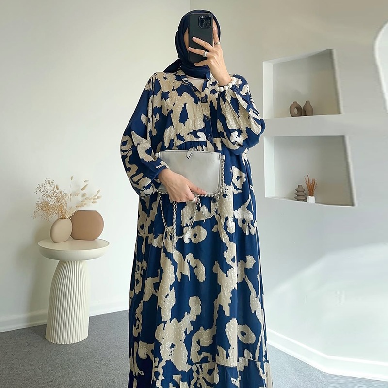 Women Casual Loose Fit Long Sleeve Round Neck Flowy A-line Printed Dress For Summer Everyday Wear Elegant