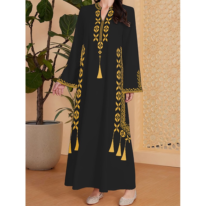 Middle East Muslim women's printed V-neck robe Arab ethnic style printed dress