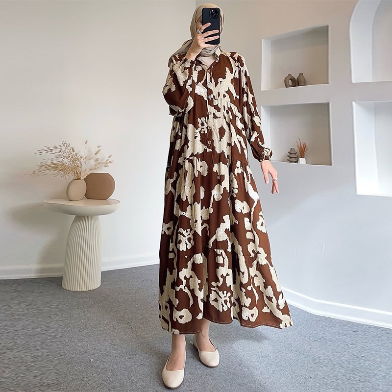 Women Casual Loose Fit Long Sleeve Round Neck Flowy A-line Printed Dress For Summer Everyday Wear Elegant