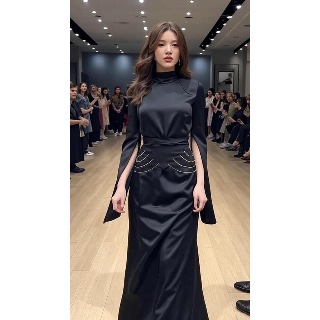 Royal Elegance Luxurious Satin High Collar Lantern Sleeve Dress for Timeless Vintage Glamour