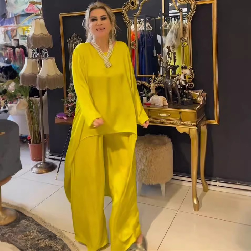 O-neck Long Sleeve Blouse Tops & Wide Leg Pants Set Women Elegant Temperament Casual Suit Trousers Loose Outfit