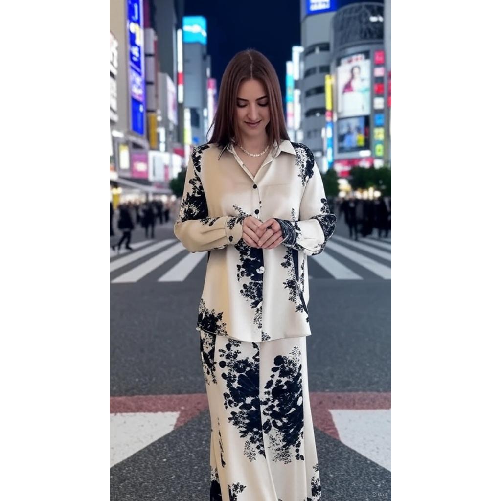 2 Piece Abaya Set Muslim Women Flower Print Shirt Skirt Suits Ramadan Dubai Abayas Islam Outfits Jalabiya Ensemble