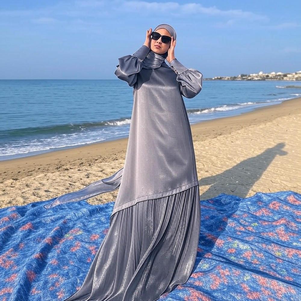 Spring New Women's Muslim Style Satin Stitching Design Elegant Fashion Dress jalabiya