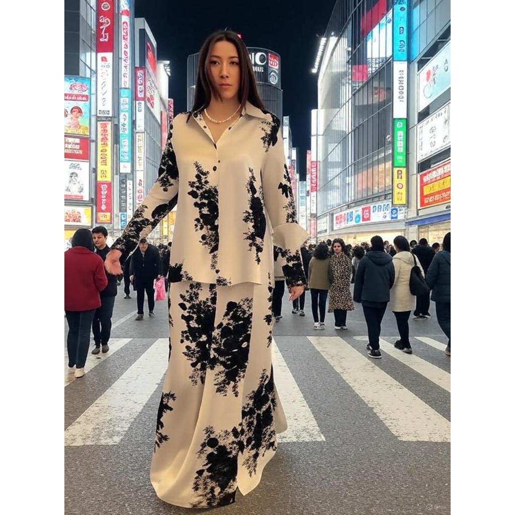 2 Piece Abaya Set Muslim Women Flower Print Shirt Skirt Suits Ramadan Dubai Abayas Islam Outfits Jalabiya Ensemble
