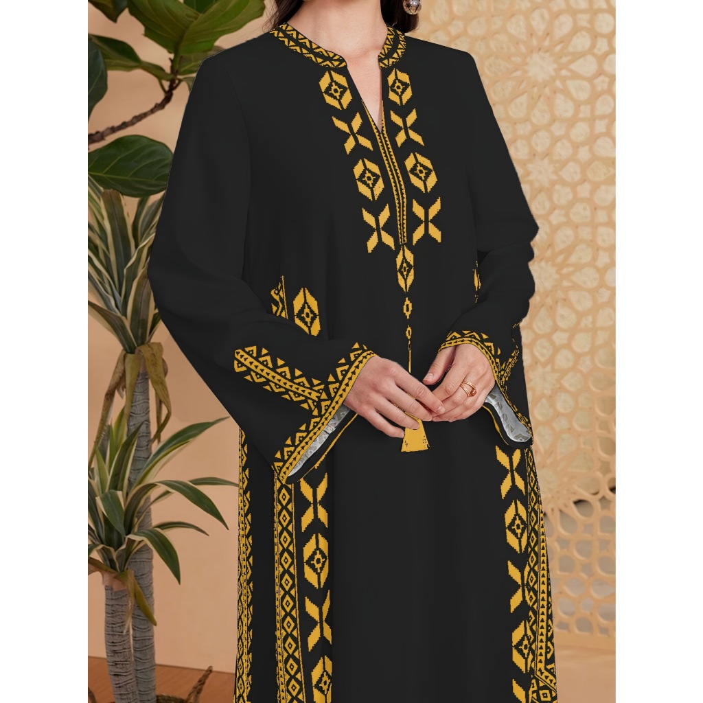 Middle East Muslim women's printed V-neck robe Arab ethnic style printed dress