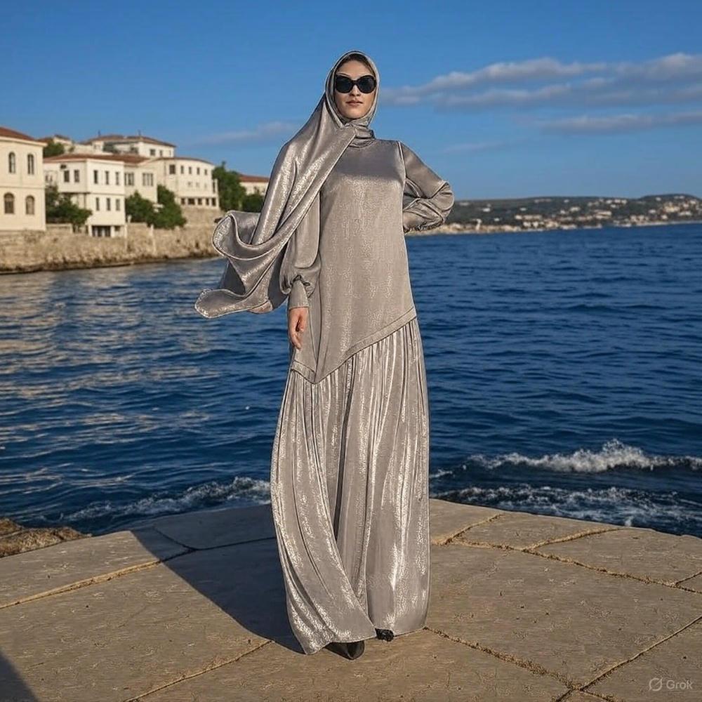 Spring New Women's Muslim Style Satin Stitching Design Elegant Fashion Dress jalabiya