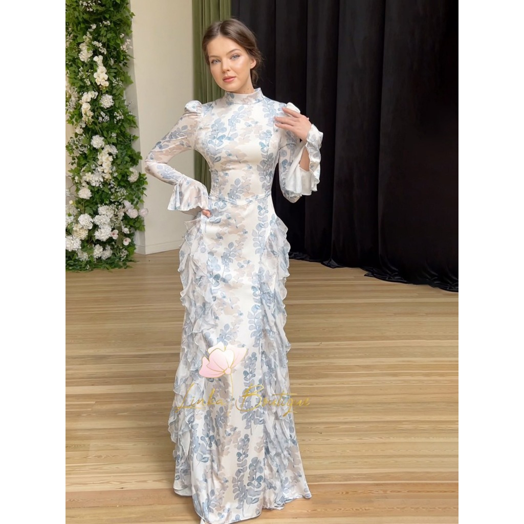 New in Spring Gentle Style Slim Fit Lace Up Printed Satin Dress Long Sleeved Long Dress for Women Elegent Woman Clothing