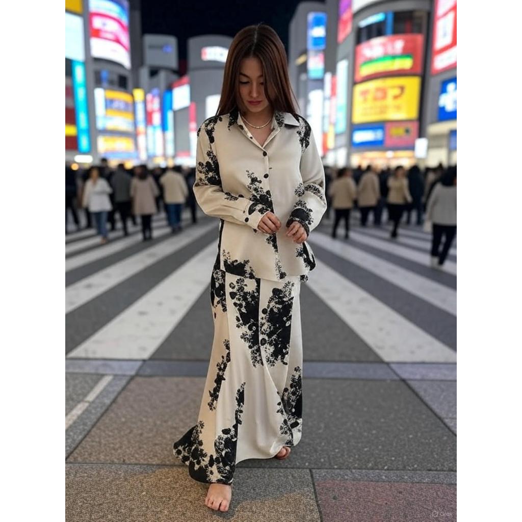 2 Piece Abaya Set Muslim Women Flower Print Shirt Skirt Suits Ramadan Dubai Abayas Islam Outfits Jalabiya Ensemble