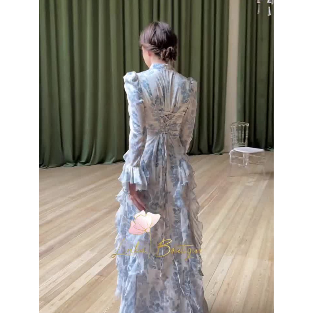 New in Spring Gentle Style Slim Fit Lace Up Printed Satin Dress Long Sleeved Long Dress for Women Elegent Woman Clothing