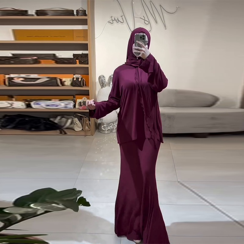 Muslim Women Swag Abaya Women Muslim Fashion headscarf long-sleeved skirt Abaya Dubai Muslimah Ensembles 2 Piece Set