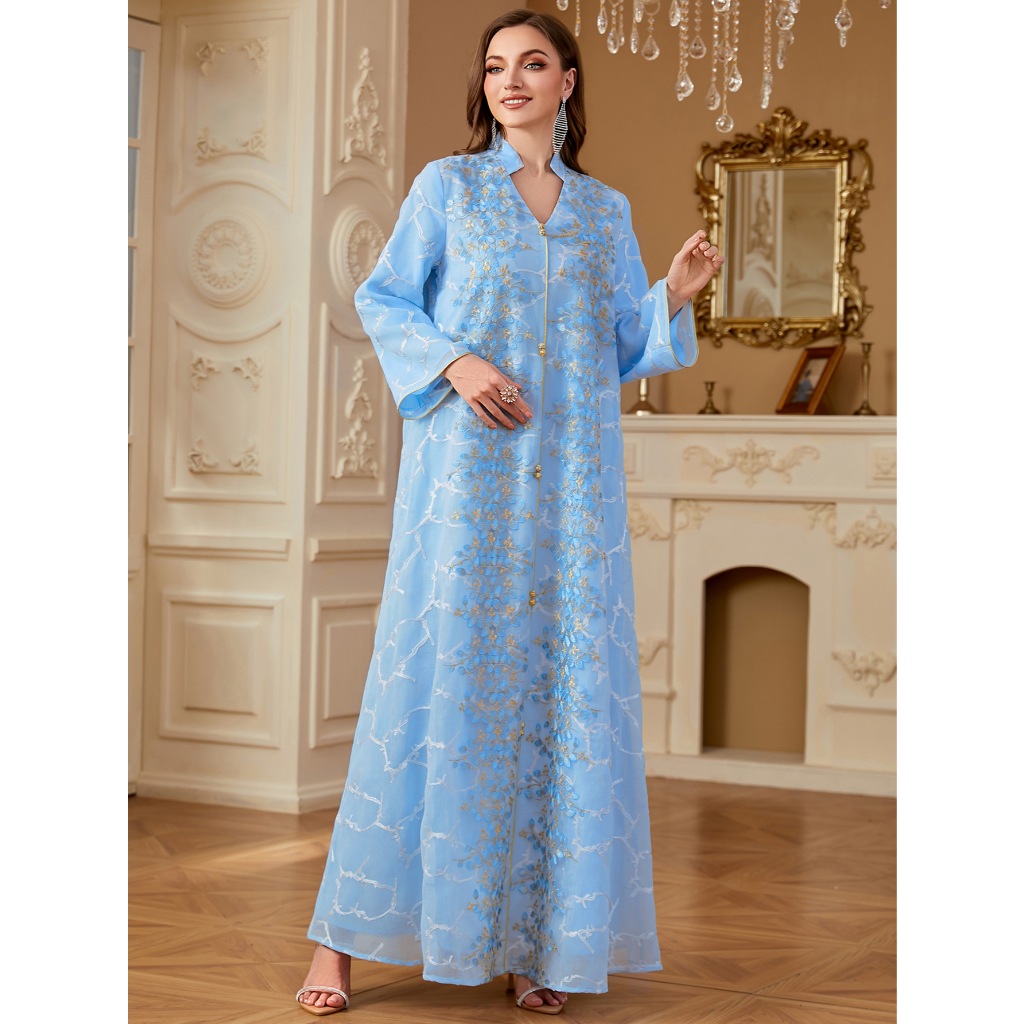Ramadan Dubai Woman’s Abayas Embroidered Sequin Floral Patter V-Neck Elegant Casual Kebaya Muslim Long Dress