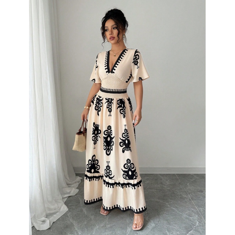 Summer Long V-neck Print Dress Women's Retro Waist Cinched A- line Skirt Digital Printing High Waist Midi Dress Elegant