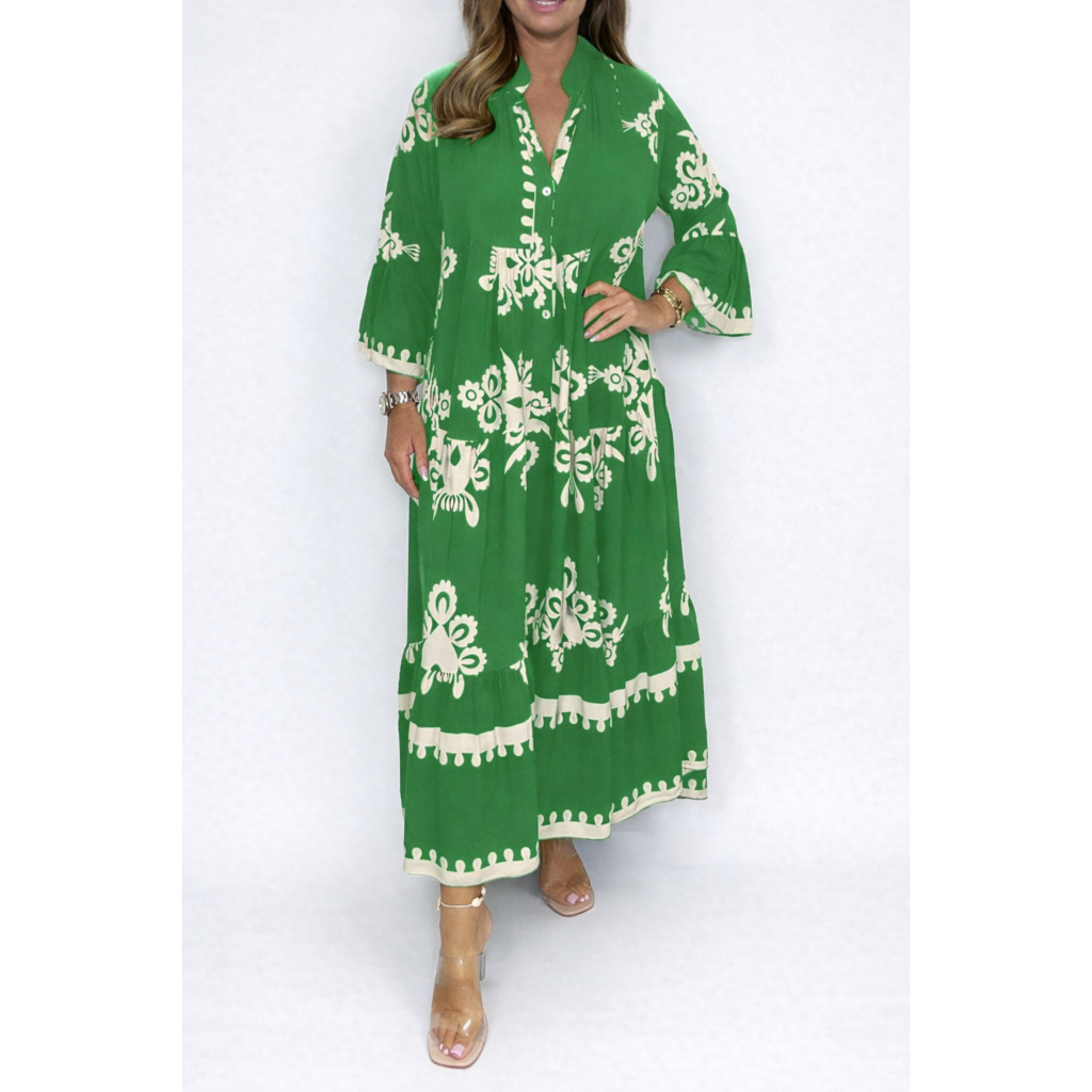 Elegant Printed Stand Collar Waist Cinched Dress Women's Long Skirt Polyester Fiber Flared Sleeve