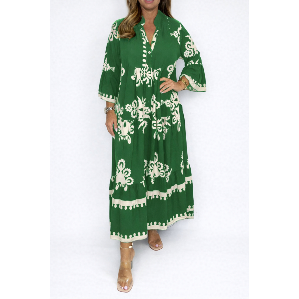 Elegant Printed Stand Collar Waist Cinched Dress Women's Long Skirt Polyester Fiber Flared Sleeve
