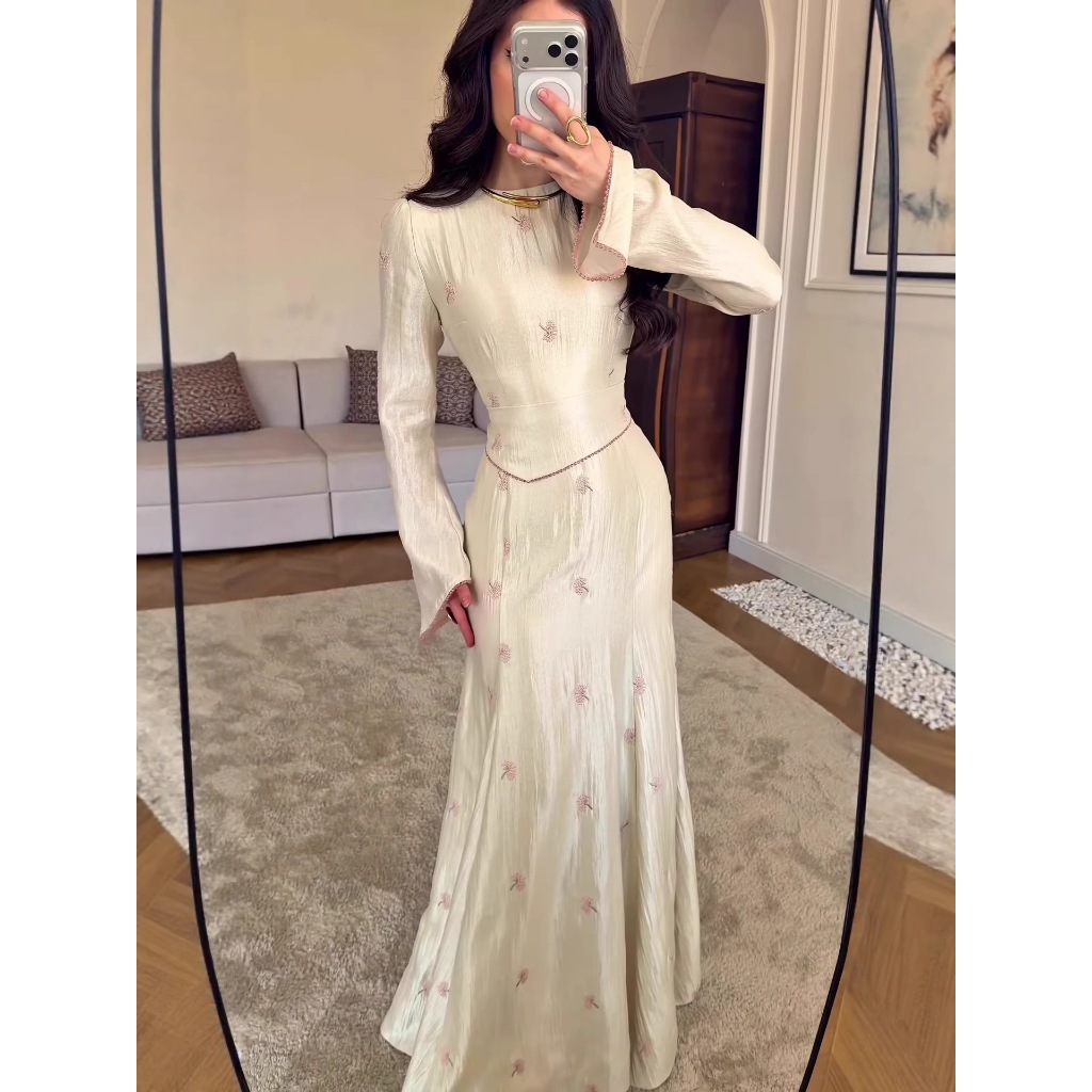 Satin Embroidery Mermaid Prom Dresses Women Elegant Bell Sleeve Round-neck Full Sleeve Evening Robe Simple Fashion Party