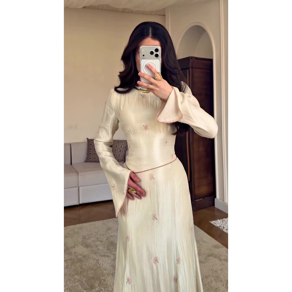 Satin Embroidery Mermaid Prom Dresses Women Elegant Bell Sleeve Round-neck Full Sleeve Evening Robe Simple Fashion Party