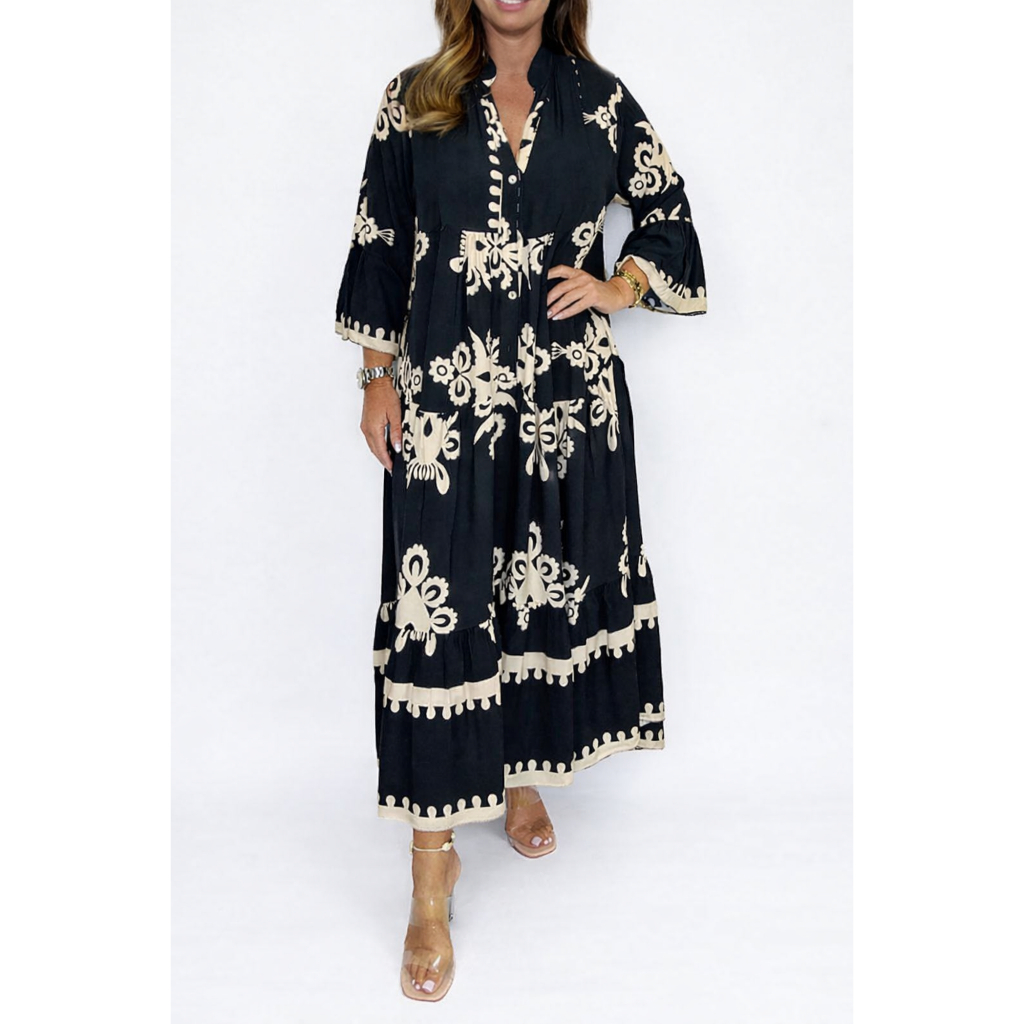 Elegant Printed Stand Collar Waist Cinched Dress Women's Long Skirt Polyester Fiber Flared Sleeve