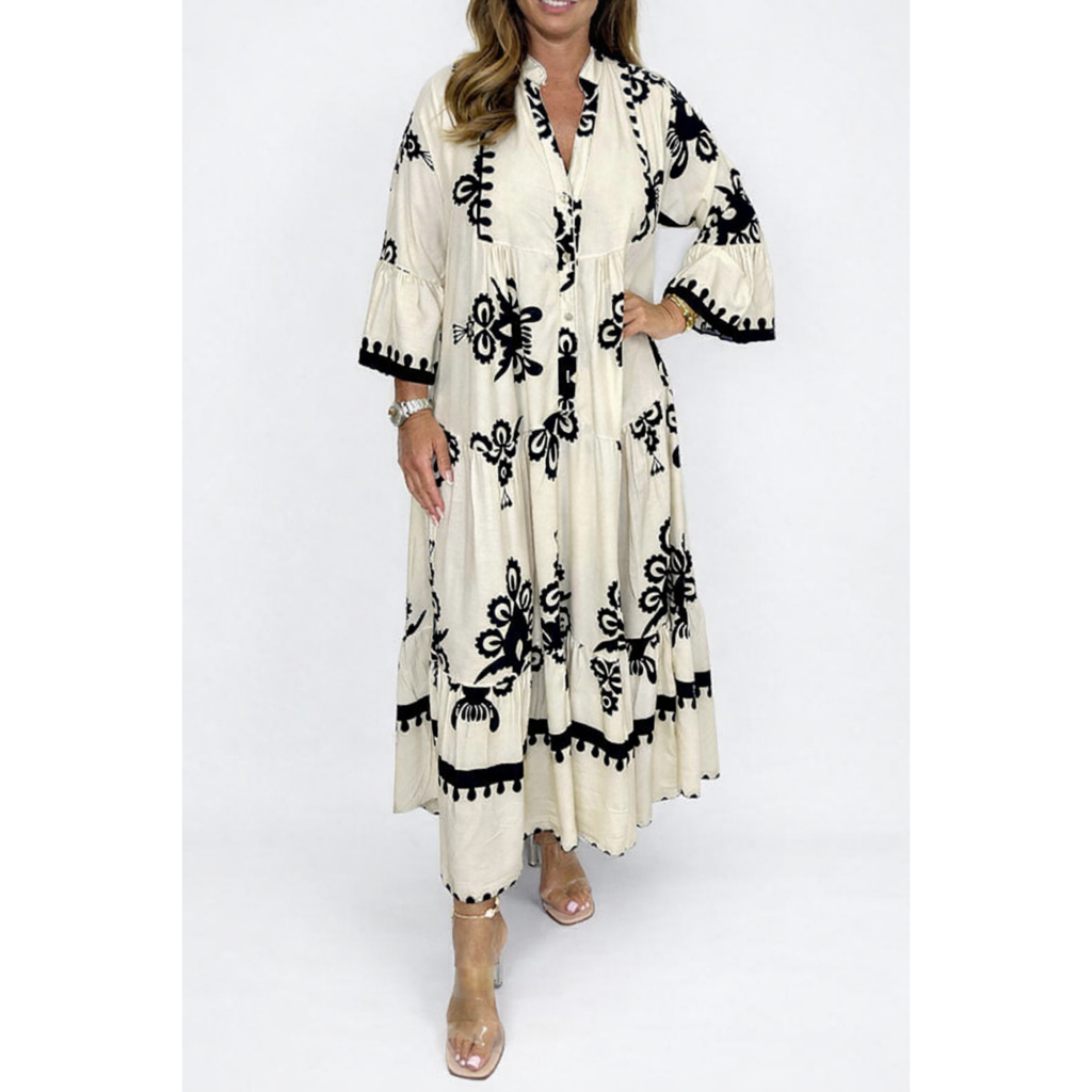 Elegant Printed Stand Collar Waist Cinched Dress Women's Long Skirt Polyester Fiber Flared Sleeve