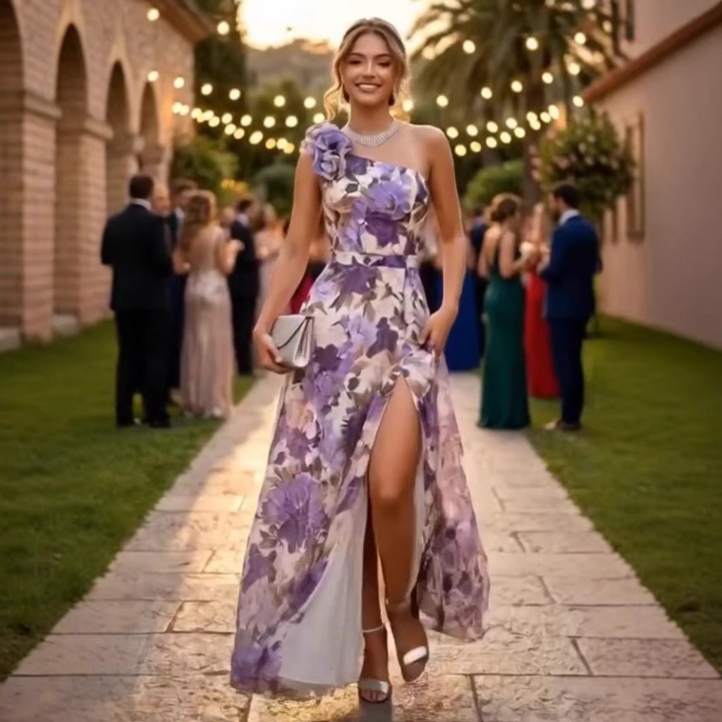 Purple A Line Evening Dresses One Shoulder Floral Printed Prom Gowns Sleeveless Floor Length Formal Events Dresses