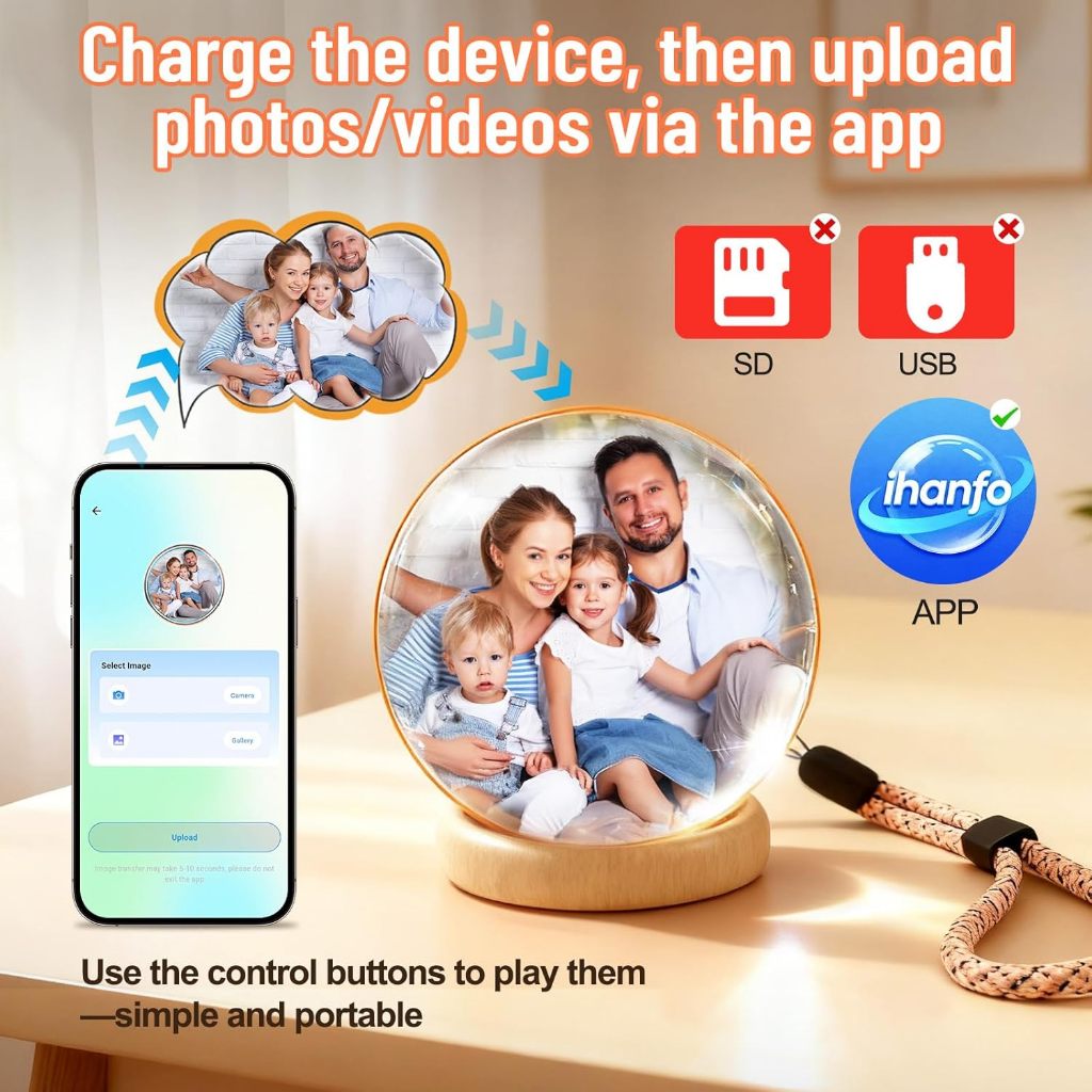 Memory Orb Ball – 2.76" Crystal Video Orb with Digital Display – Uploadable Photos & Videos via WiFi Personalized Gift