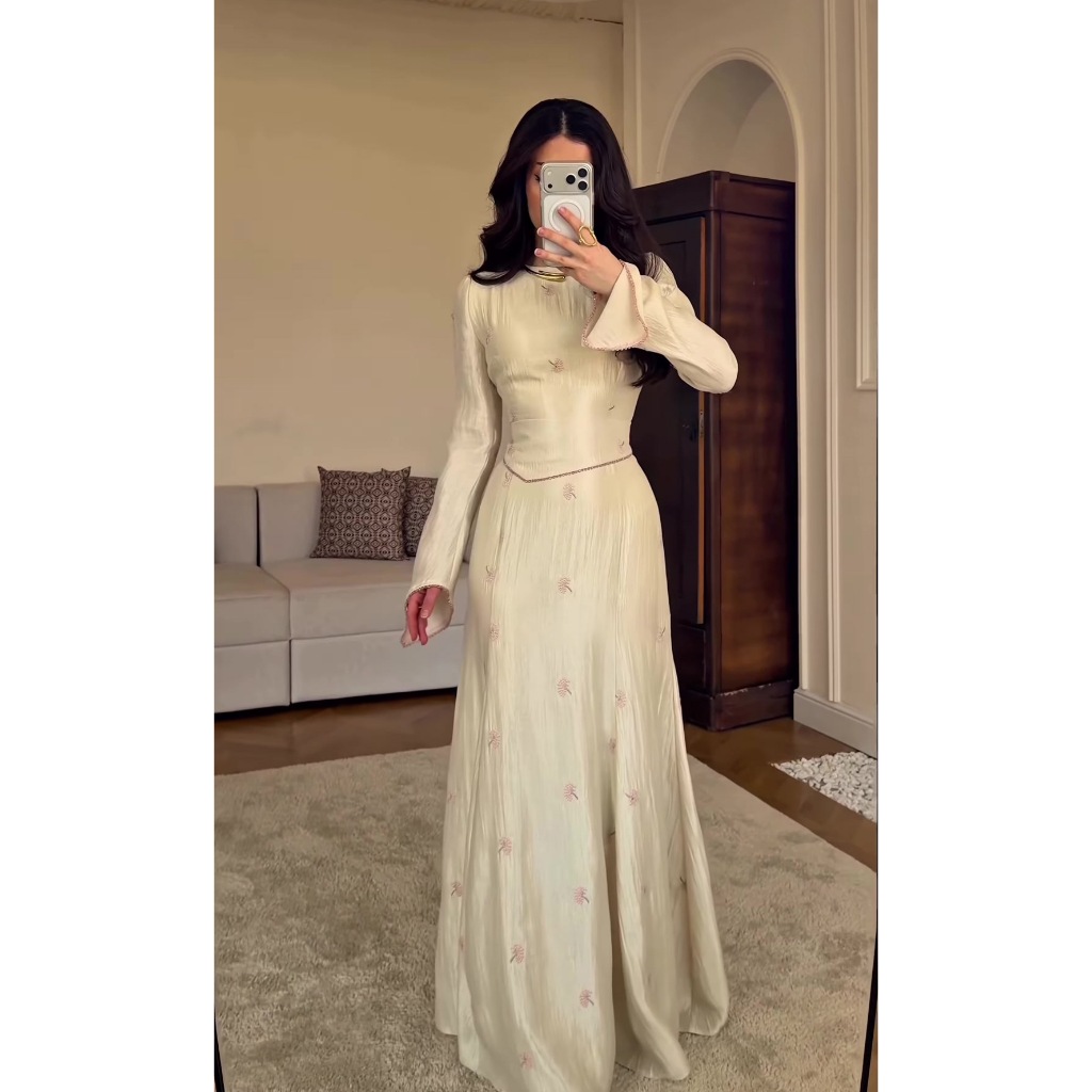 Satin Embroidery Mermaid Prom Dresses Women Elegant Bell Sleeve Round-neck Full Sleeve Evening Robe Simple Fashion Party