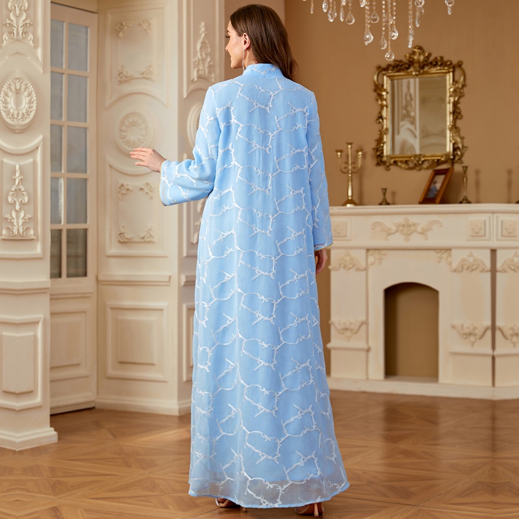 Ramadan Dubai Woman’s Abayas Embroidered Sequin Floral Patter V-Neck Elegant Casual Kebaya Muslim Long Dress