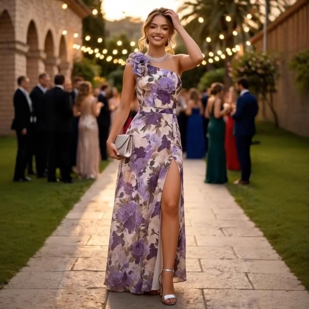 Purple A Line Evening Dresses One Shoulder Floral Printed Prom Gowns Sleeveless Floor Length Formal Events Dresses
