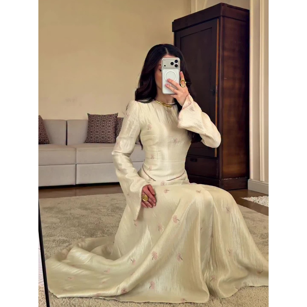 Satin Embroidery Mermaid Prom Dresses Women Elegant Bell Sleeve Round-neck Full Sleeve Evening Robe Simple Fashion Party