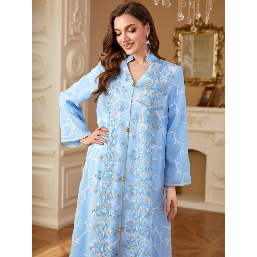 Ramadan Dubai Woman’s Abayas Embroidered Sequin Floral Patter V-Neck Elegant Casual Kebaya Muslim Long Dress