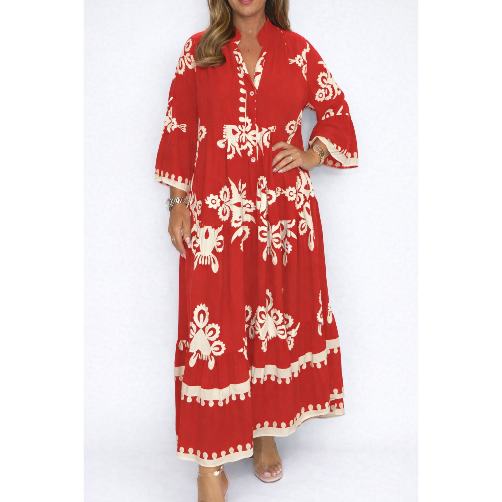Elegant Printed Stand Collar Waist Cinched Dress Women's Long Skirt Polyester Fiber Flared Sleeve