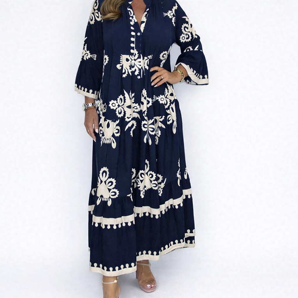 Elegant Printed Stand Collar Waist Cinched Dress Women's Long Skirt Polyester Fiber Flared Sleeve
