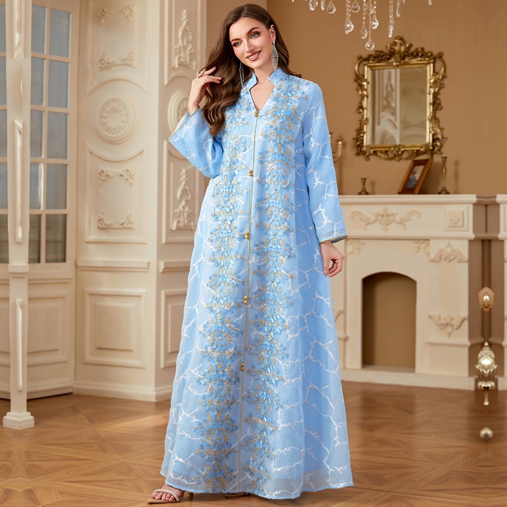 Ramadan Dubai Woman’s Abayas Embroidered Sequin Floral Patter V-Neck Elegant Casual Kebaya Muslim Long Dress