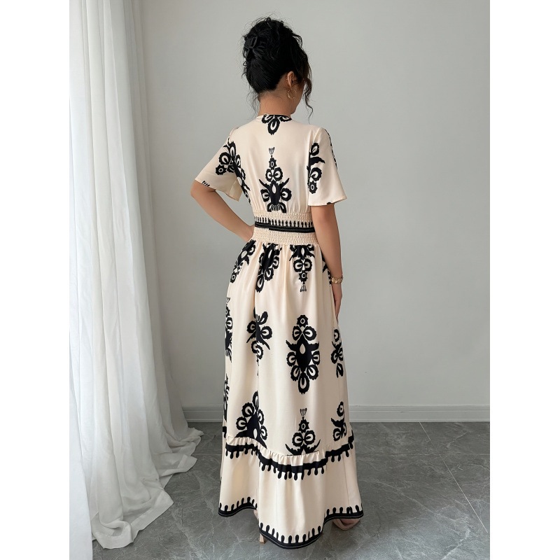 Summer Long V-neck Print Dress Women's Retro Waist Cinched A- line Skirt Digital Printing High Waist Midi Dress Elegant